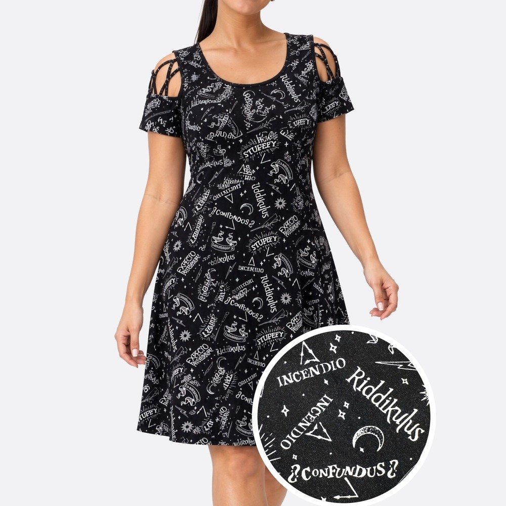 Harry Potter Spells Skater Dress XL fits M/L Hot Topic Lattice Back Whimsigoth